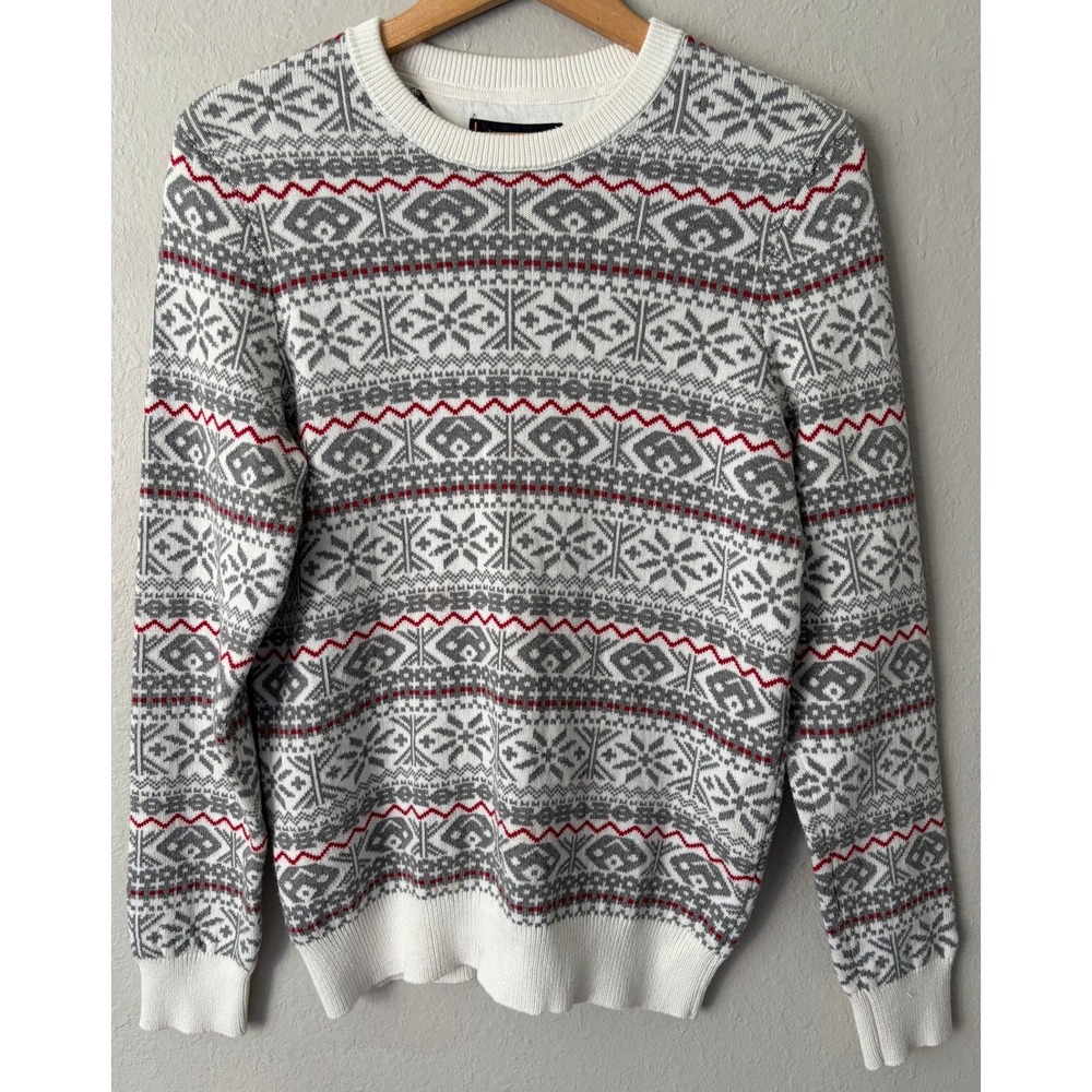 Tommy Hilfiger Womens Fair Isle Cotton Knit Sweater Small Grey White Red Nordic